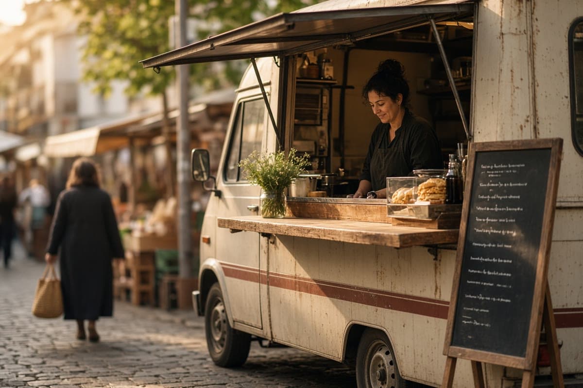 Food truck blanco aparcado en un mercado al aire libre con ventanilla de servicio abierta