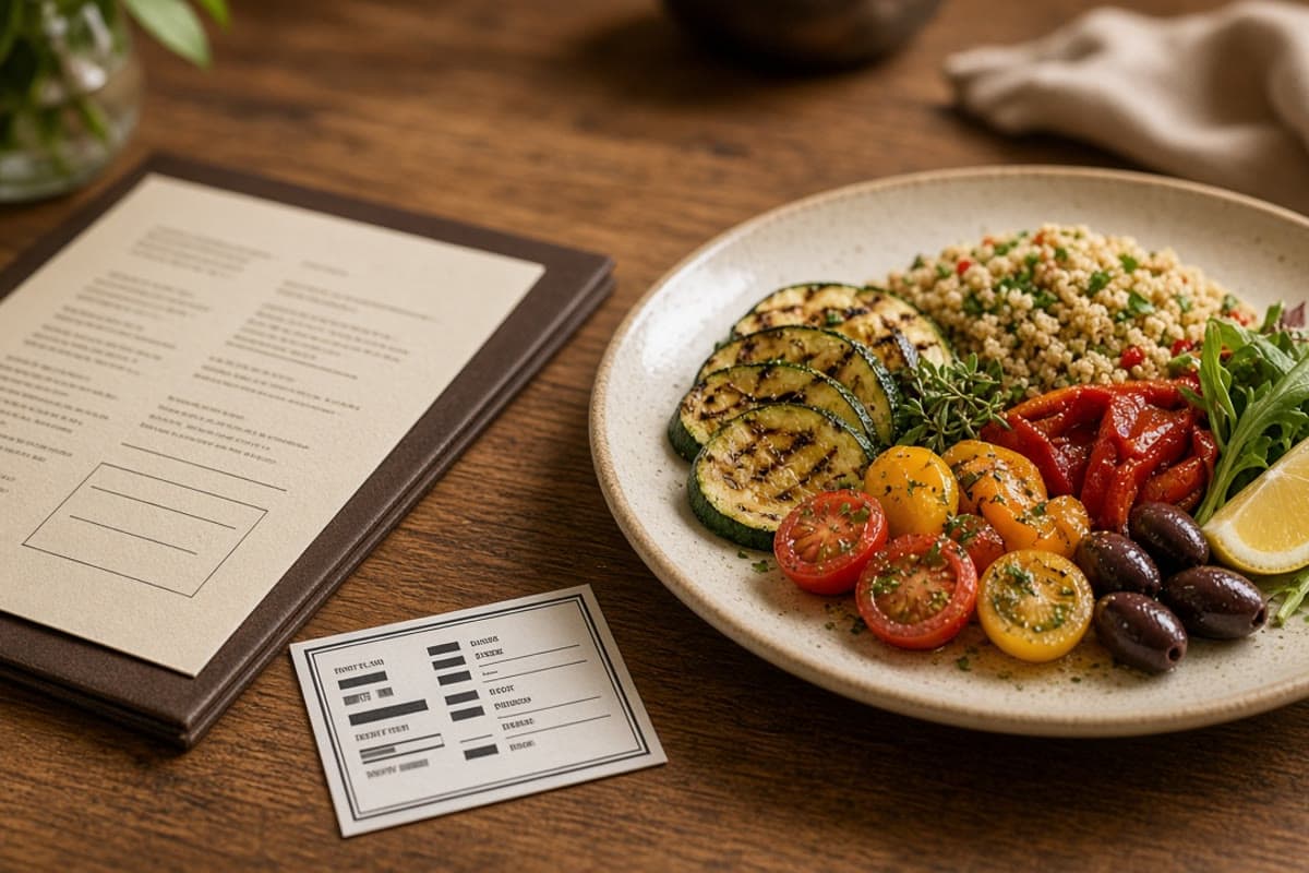Carta de restaurante sobre mesa de madera junto a un plato con comida mediterránea